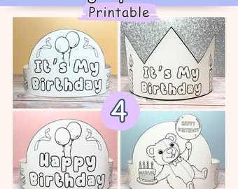 Coronas de papel de feliz cumpleaños, Es mi cumpleaños, Gorro de cumpleaños, Fiesta de cumpleaños, Manualidad para colorear para niños, Descarga instantánea imprimible
