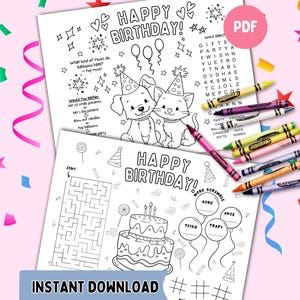 May include: Two coloring pages with the text "HAPPY BIRTHDAY!" feature a dog and cat wearing party hats, a maze, and a word scramble. Crayons in various colors are scattered around the pages, with the words "INSTANT DOWNLOAD" at the bottom.