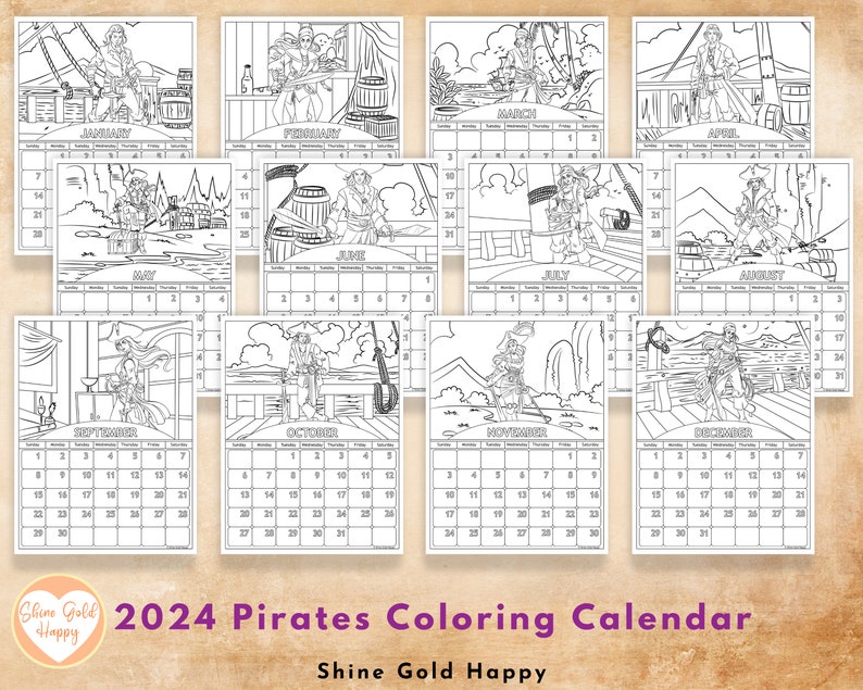 2025 Pirates Coloring Calendar, Printable Calendar 2025, PDF Digital