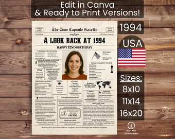 32nd Birthday Poster Newspaper Canva Template, Born in 1994 USA, Sign, Party Decor, Gift, Custom Personalized Printable Instant Download