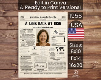 70. Geburtstag Poster Zeitung Canva Vorlage, geboren 1956 USA, Schild, Party Dekor, Geschenk, Individuell personalisierte Printable Sofort Download