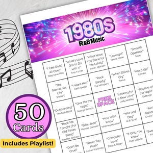 Bingo musical R&B de los años 80, música de los 80, lista de reproducción de Spotify, 50 tarjetas de bingo únicas, descarga instantánea imprimible
