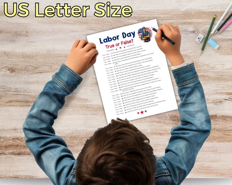 May include: A printable Labor Day True or False quiz with a cartoon illustration of a construction worker holding a wrench and wearing a hard hat. The quiz has 25 questions about Labor Day.