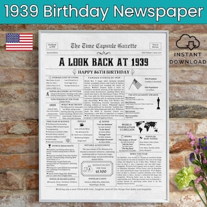 86th Birthday Newspaper, Born in 1939, 86th Birthday Gift, Birthday Poster, Back in 1939 USA, Printable Instant Download