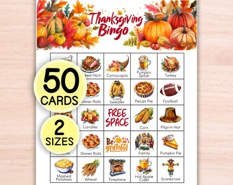 Thanksgiving-Bingo, 50 einzigartige Bingokarten, Thanksgiving-Spiele, Freundes-Thanksgiving, Aktivität für Kinder, Tischspiel, zum Ausdrucken