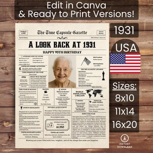 95th Birthday Poster Newspaper Canva Template, Born in 1931 USA, Sign, Party Decor, Gift, Custom Personalized Printable Instant Download