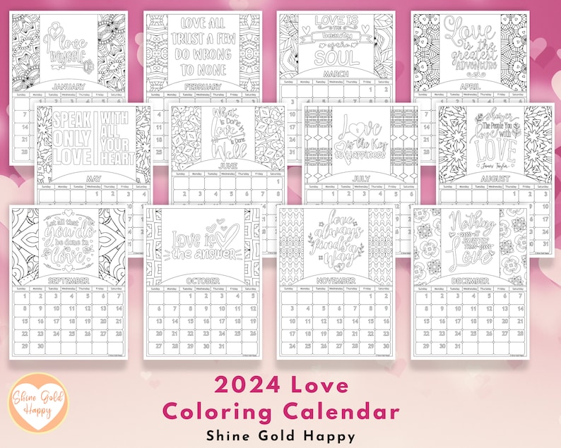 2024 Love Coloring Calendar Printable Calendar 2024 PDF Etsy