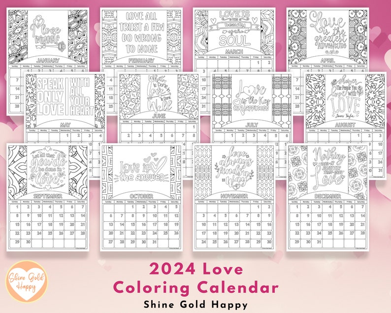 2024 Love Coloring Calendar Printable Calendar 2024 PDF Etsy