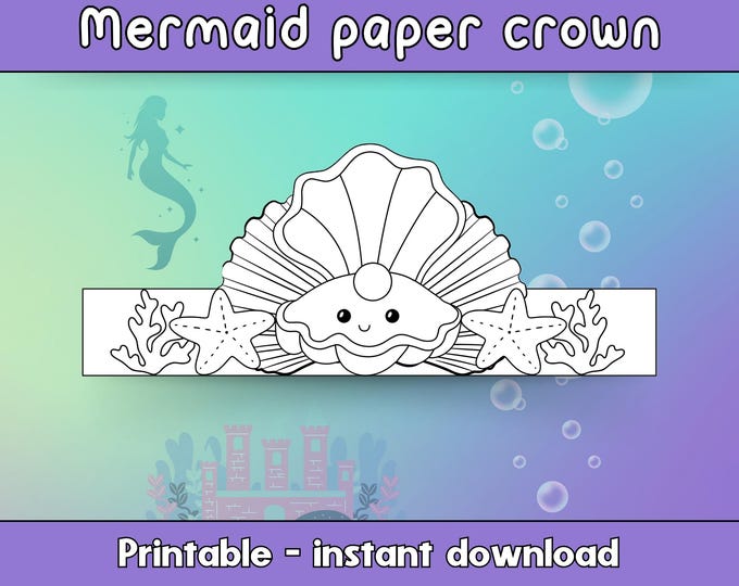 Mermaid Paper Crown Coloring Printable Kids Craft Mermaid Birthday ...