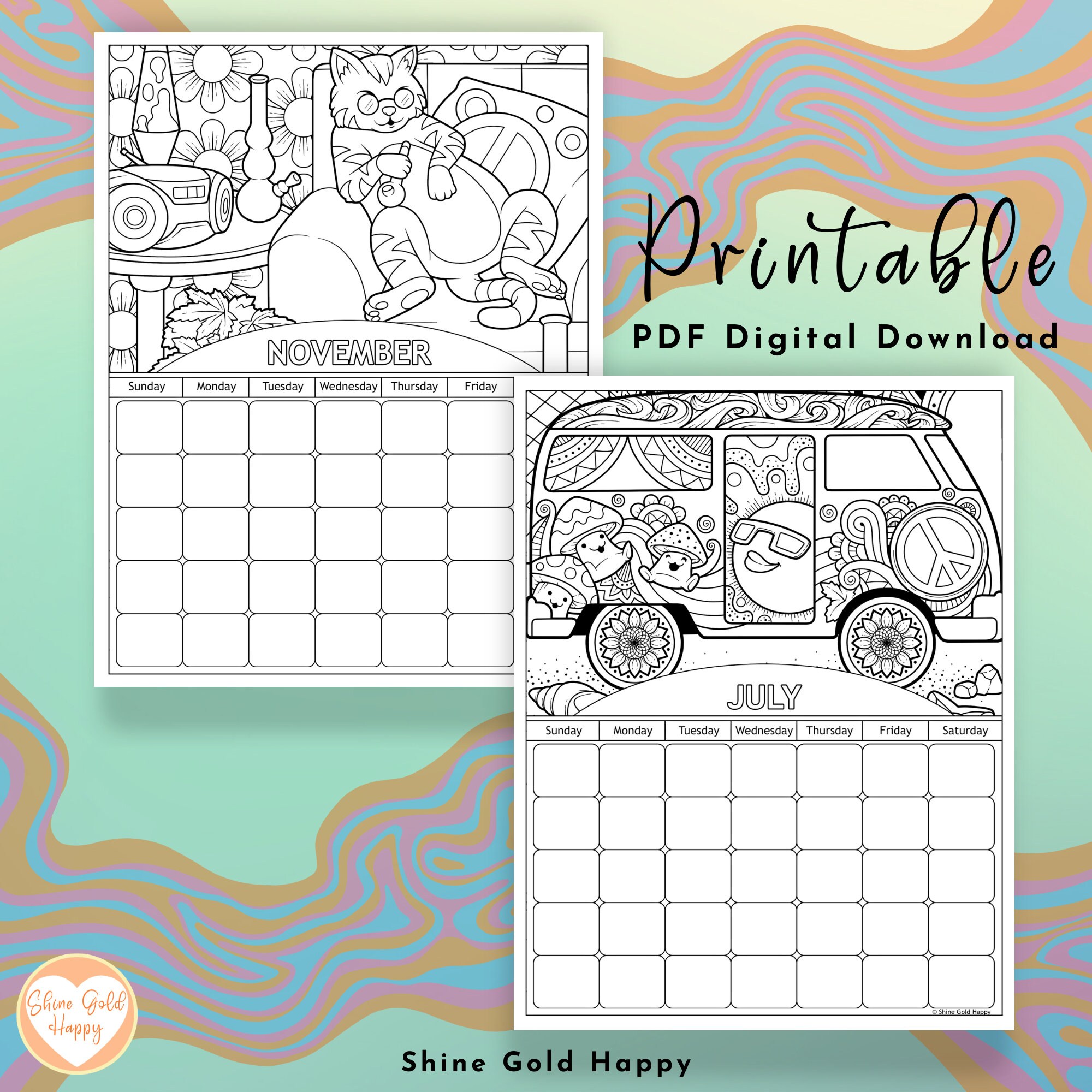 Undated Stoner Coloring Calendar, Printable Monthly Calendars PDF