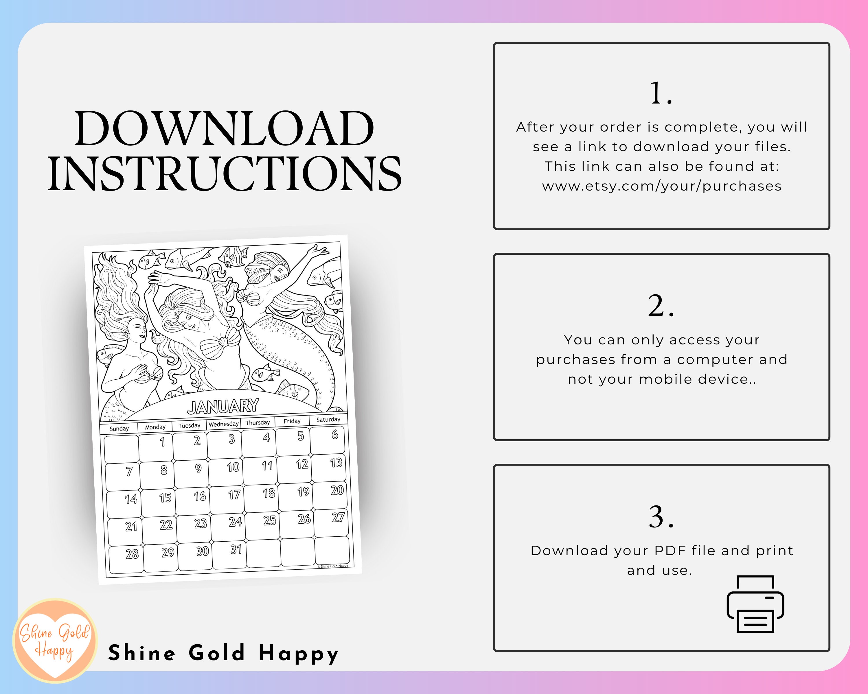 2024 Mermaids Coloring Calendar, Printable Calendar 2024, PDF Digital ...
