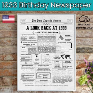 92 Geburtstag Zeitung, geboren 1933, 92 Geburtstag Geschenk, Geburtstag Poster, 1933 USA, Printable Instant Download