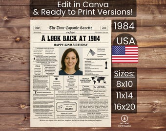 42nd Birthday Poster Newspaper Canva Template, Born in 1984 USA, Sign, Party Decor, Gift, Custom Personalized Printable Instant Download