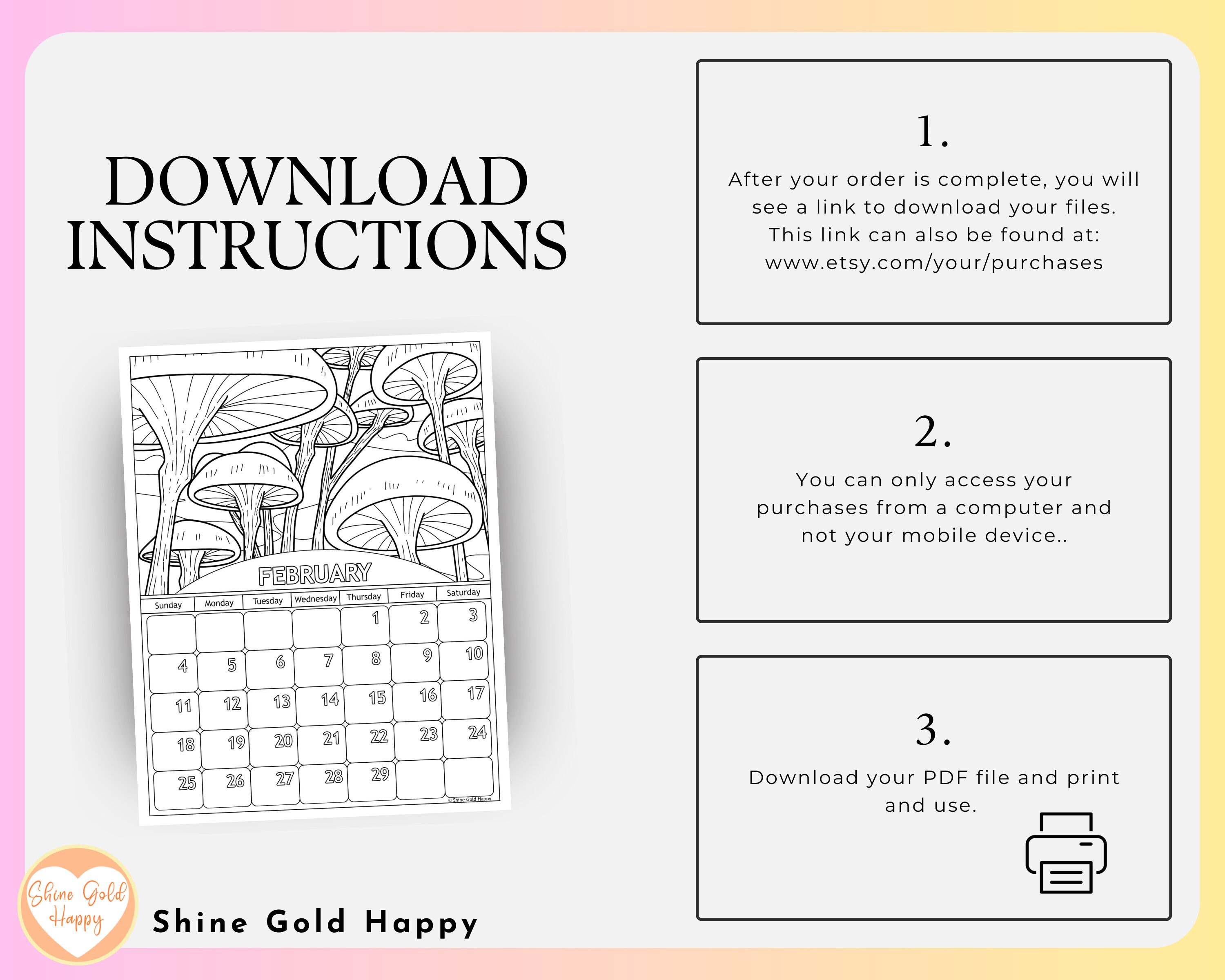 2024 Mushroom Coloring Calendar Printable Calendar 2024 PDF Digital