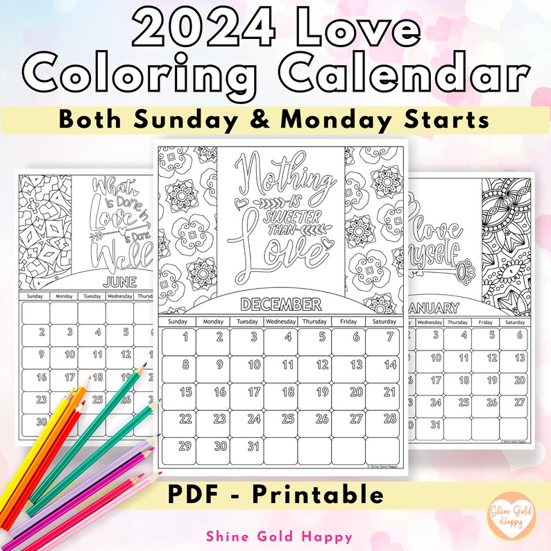 2024 Love Coloring Calendar, Printable Calendar 2024, PDF Digital