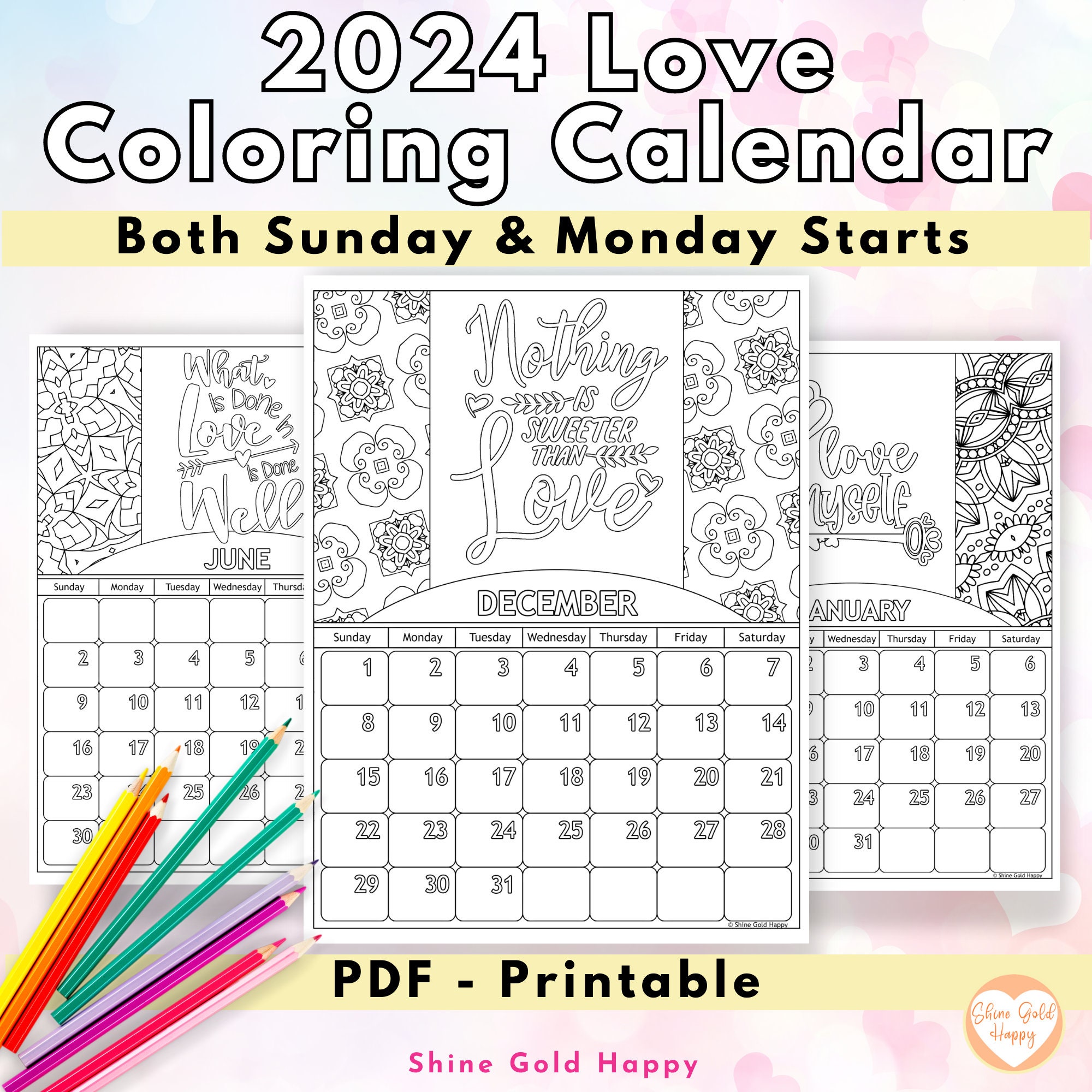 2024 Love Coloring Calendar, Printable Calendar 2024, PDF Digital Download  - Etsy
