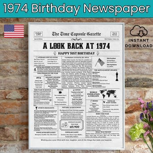 51st Birthday Newspaper, Born in 1974, 51st Birthday Gift, Birthday Poster, Back in 1974 USA, Printable Instant Download
