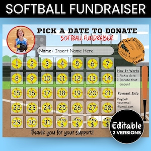 Softball Fundraiser, Pick a Date to Donate Softball Calendar, Editable Fundraiser Sheet, Fundraiser Template, Canva Template, Fillable PDF