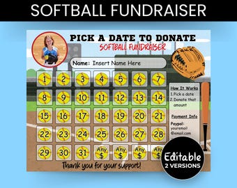 Softball Fundraiser, Pick a Date to Donate Softball Calendar, Editable Fundraiser Sheet, Fundraiser Template, Canva Template, Fillable PDF