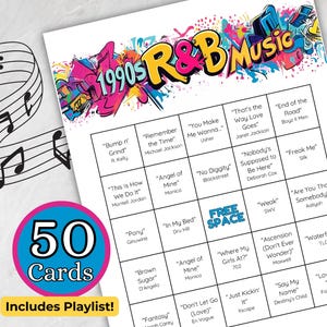 RnB-muziekbingo uit de jaren 90, muziek uit de jaren 90, Gouden Eeuw van RnB, Spotify-afspeellijst, 50 unieke bingokaarten, afdrukbare Instant Download