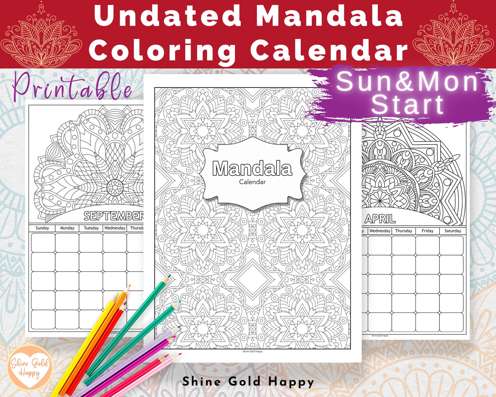 Undated Mandala Coloring Calendar | PDF Digital Download Printable - Etsy
