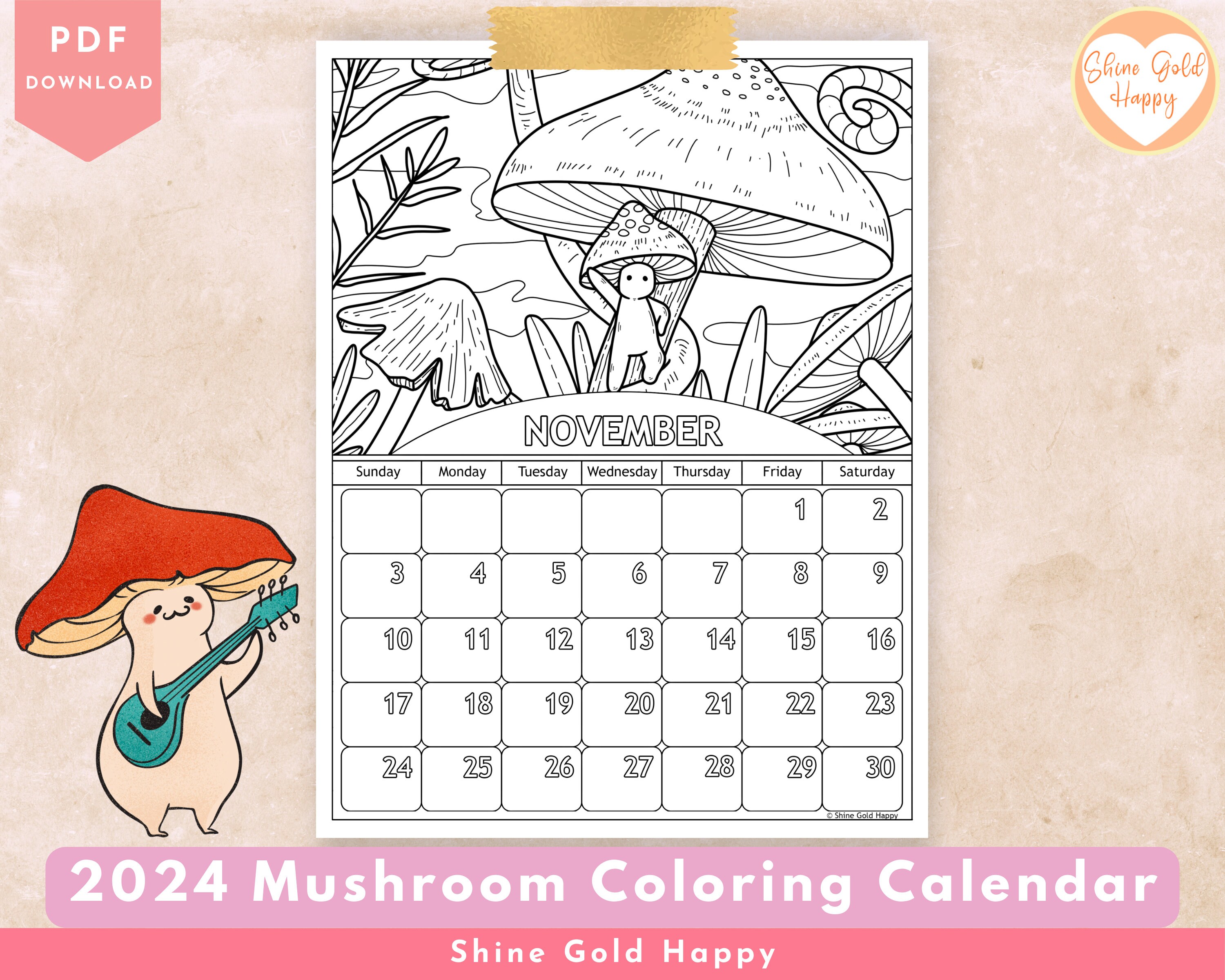 2024 Mushroom Coloring Calendar Printable Calendar 2024 PDF Digital