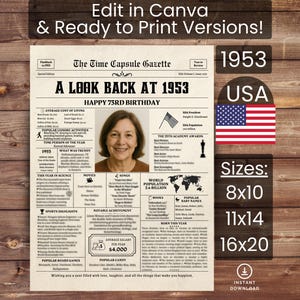 73rd Birthday Poster Newspaper Canva Template, Born in 1953 USA, Sign, Party Decor, Gift, Custom Personalized Printable Instant Download