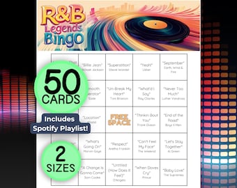Bingo musical de leyendas del R&B, soul, Motown, lista de reproducción de Spotify, 50 cartones de bingo únicos, descarga instantánea e imprimible