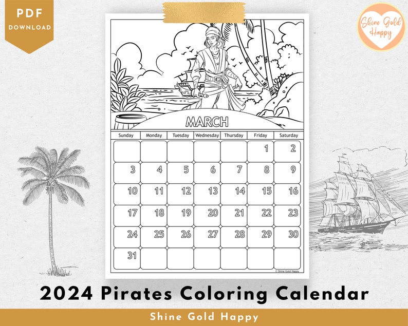 2025 Pirates Coloring Calendar, Printable Calendar 2025, PDF Digital