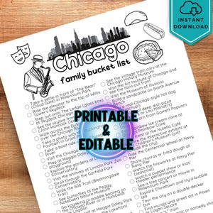 Lista dei desideri di Chicago per famiglie, PDF modificabile, itinerario di vacanza, lista di controllo per viaggiare a Chicago, attività per famiglie, stampabile