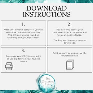 May include: A white card with instructions for downloading files, featuring the text "DOWNLOAD INSTRUCTIONS." The card is divided into four sections with numbered steps and supporting text. The background has a watercolor leaf design.