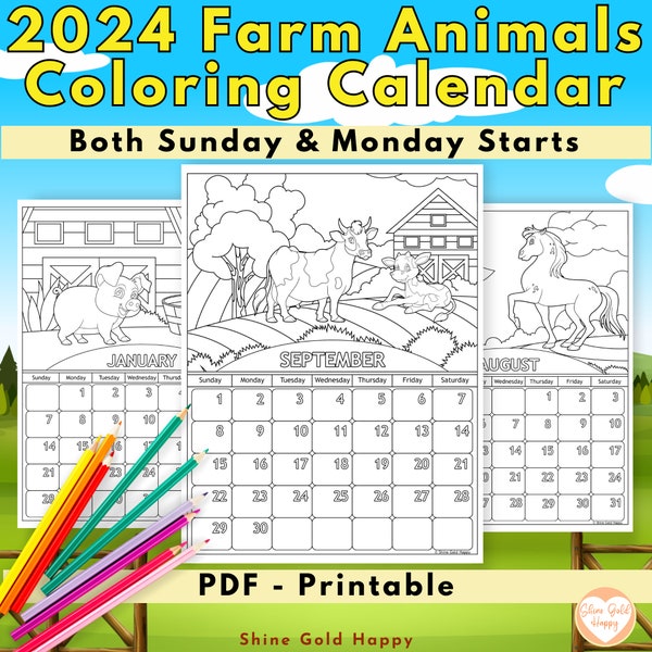 2024 Farm Animals Coloring Calendar, Printable Calendar 2024, PDF Digital Download