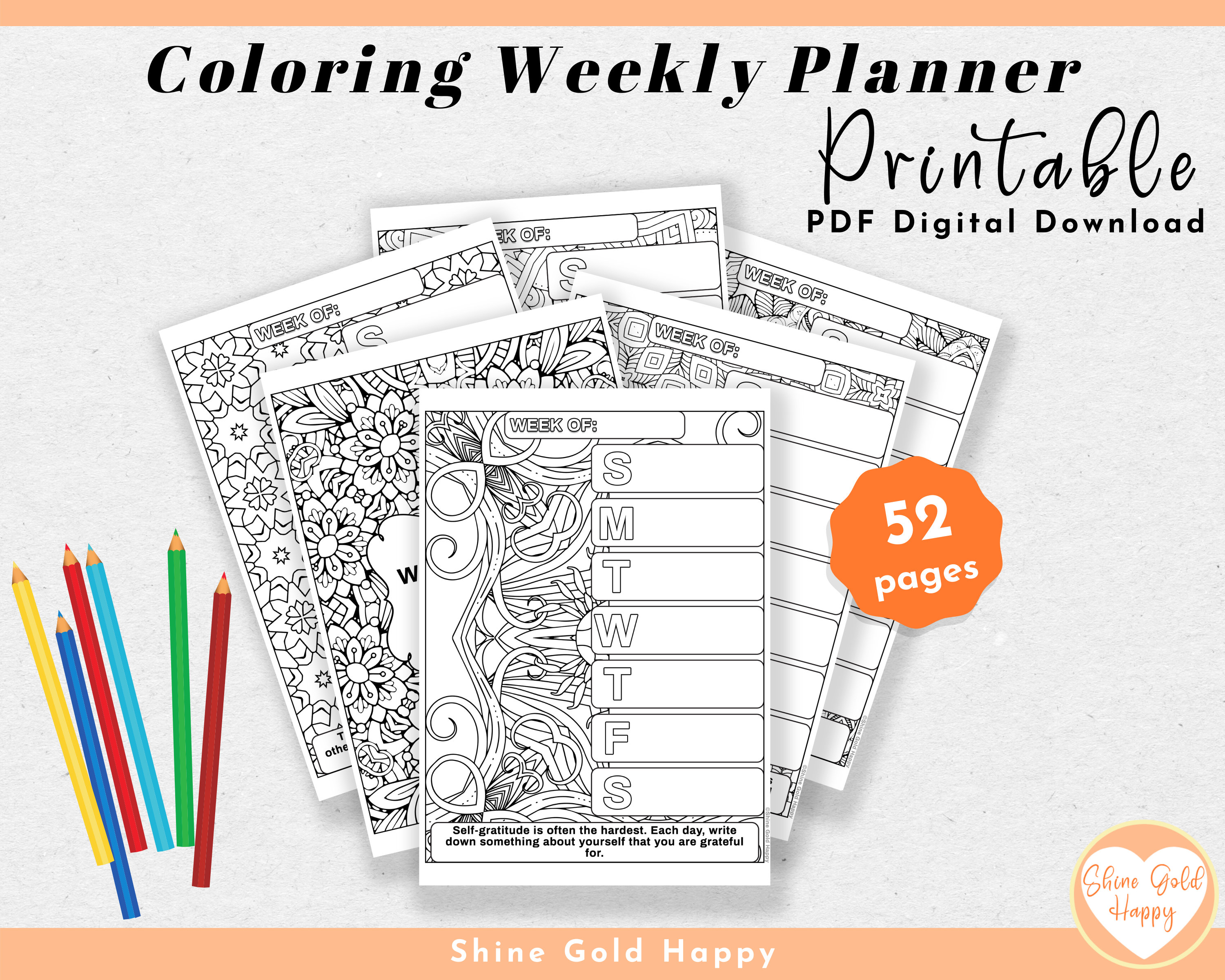 Coloring Weekly Planner Printable With Tips and Quotes 52 Weeks