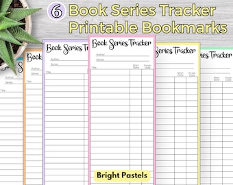 Könnte beinhalten: Sechs druckbare Lesezeichen in Pastellfarben. Jedes Lesezeichen hat einen Buchreihen-Tracker mit Feldern für Autor, Reihe, Titel, Startdatum und Enddatum.