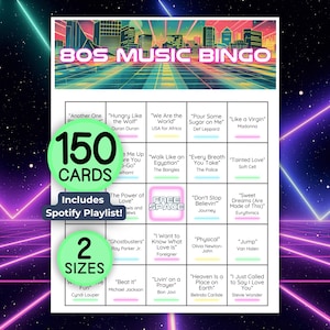 Juego de bingo musical de los 80, lista de reproducción de Spotify, 150 cartones de bingo únicos, fiesta temática de los 80, canciones de los 80, imprimible
