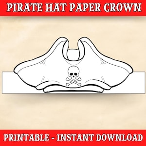 Pirate Paper Hat Crown, Pirate Costume, Coloring Craft for Kids, Headband Party Hat, Classroom Party, Printable Instant Download
