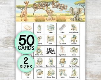Safari Baby Shower Bingo Printable Game, 50 Unique Bingo Cards, Activity Ideas, Safari Animals Theme, Instant Download