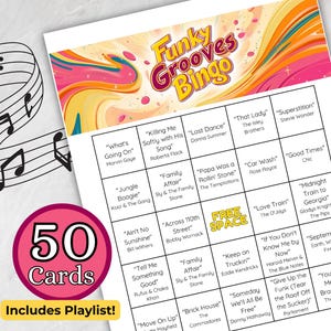 RnB Music Bingo: Funky Grooves Bingo, 1970s RnB, 70s Music, Disco Music, Spotify Playlist, 50 Unique Bingo Cards, Printable Instant Download