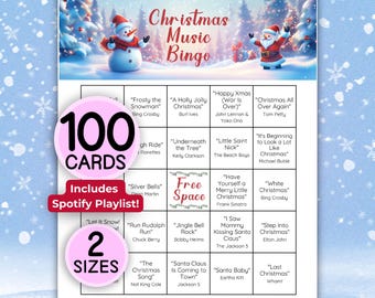 Christmas Song Bingo Game, Holiday Bingo, Christmas Music Spotify Playlist, 100 Unique Bingo Cards, Party Printable