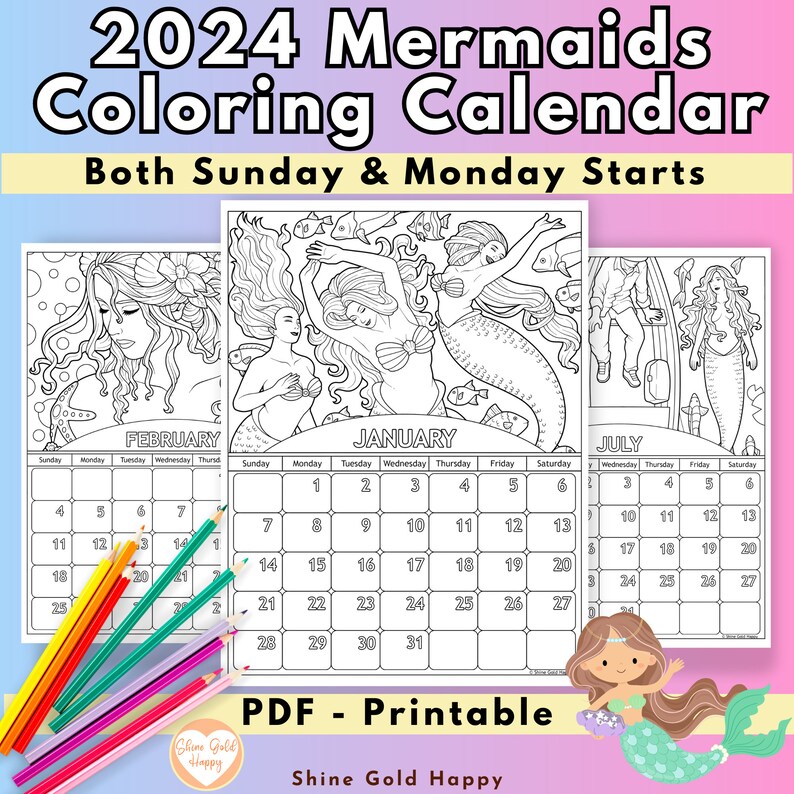 2025 Mermaids Coloring Calendar Printable Calendar 2025 PDF Etsy
