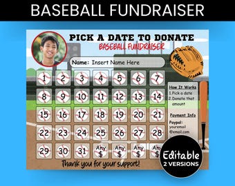 Baseball Fundraiser, Pick a Date to Donate Baseball Calendar, Editable Fundraiser Sheet, Fundraiser Template, Canva Template, Fillable PDF