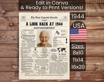 82nd Birthday Poster Newspaper Canva Template, Born in 1944 USA, Sign, Party Decor, Gift, Custom Personalized Printable Instant Download