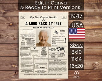 79th Birthday Poster Newspaper Canva Template, Born in 1947 USA, Sign, Party Decor, Gift, Custom Personalized Printable Instant Download