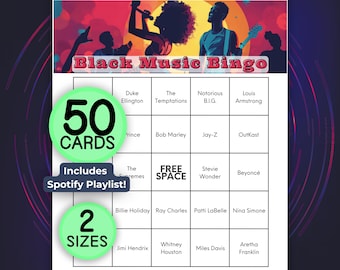 Black Music Bingo Printable Game, Spotify Playlist Included, 50 Unique Bingo Cards, Black Musicians, Instant Download