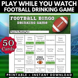 Football Bingo Drinking Game, 50 Unique Bingo Cards, Football Drinking Game, Watch Party, Printable Instant Download