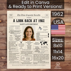 Plantilla de póster de periódico Canva para 64.º cumpleaños, nacido en 1962, EE. UU., letrero, decoración de fiesta, regalo, personalizado, imprimible, descarga instantánea.