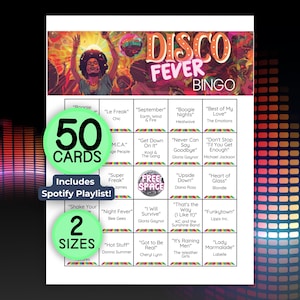 Bingo musical, Bingo Disco Fever imprimible, lista de reproducción de Spotify incluida, 50 cartones de bingo, descarga instantánea