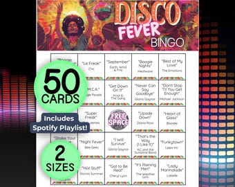 Bingo musical, Bingo Disco Fever imprimible, lista de reproducción de Spotify incluida, 50 cartones de bingo, descarga instantánea