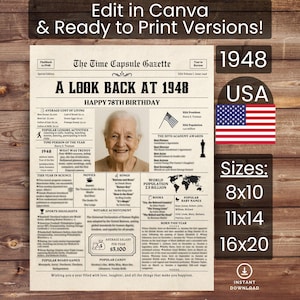 78th Birthday Poster Newspaper Canva Template, Born in 1948 USA, Sign, Party Decor, Gift, Custom Personalized Printable Instant Download