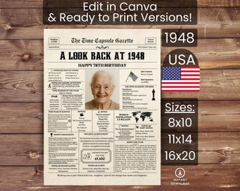 78th Birthday Poster Newspaper Canva Template, Born in 1948 USA, Sign, Party Decor, Gift, Custom Personalized Printable Instant Download